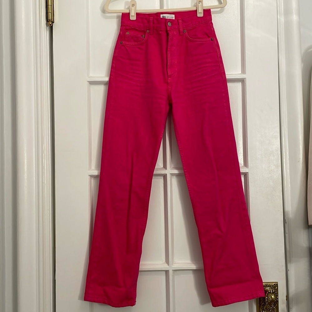 Zara Hot Pink High Rise Straight Leg Jeans